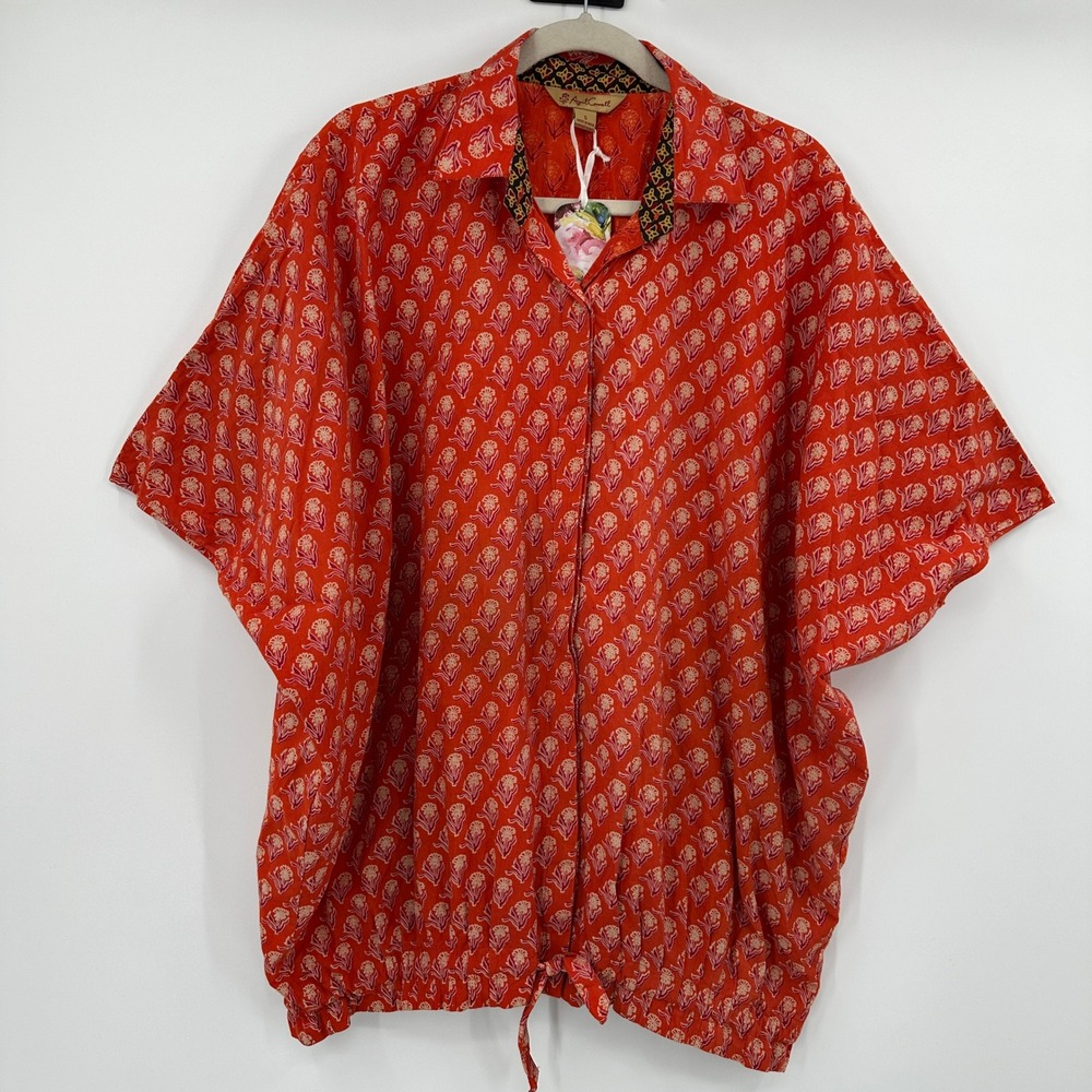 April Cornell Women Red Floral Print Kimono Sleeve Shirt Top Size‎ S
